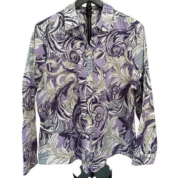 Chico's Purple & Beige 100% Cotton Long Sleeve Button Blouse Women’s XL - Picture 2 of 8